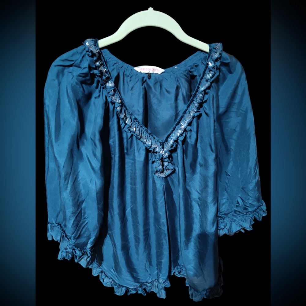 REBECCA TAYLOR Fringe Sheer Silk Blouse~ Green~Size 4~Pre-Owned